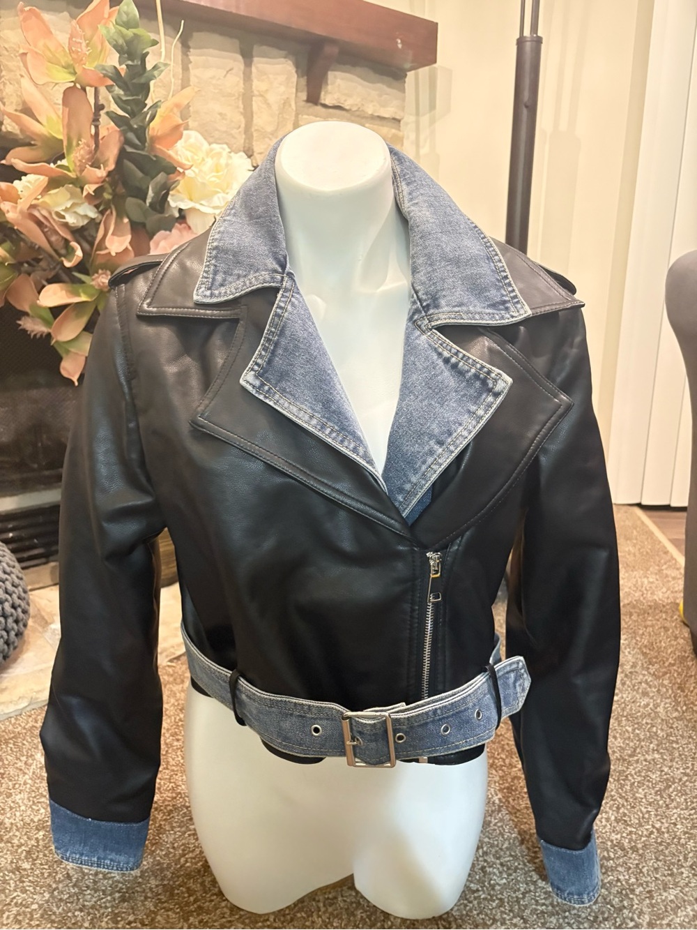 Akira faux leather and denim crop jacket